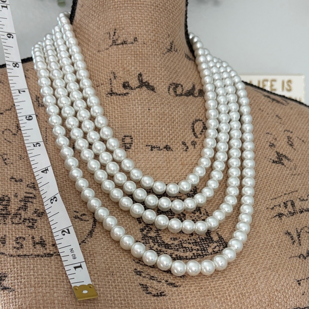 Multi-Strand White Glass Pearl Necklace Heavy